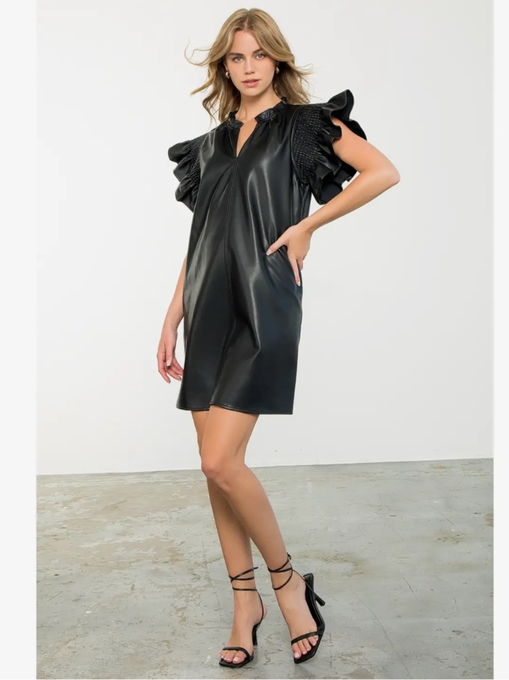 THML Black Faux Leather Dress with Ruffle Flutter Sleeve